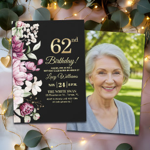 Invitación Elegante Floral Oro 62 Cumpleaños Foto