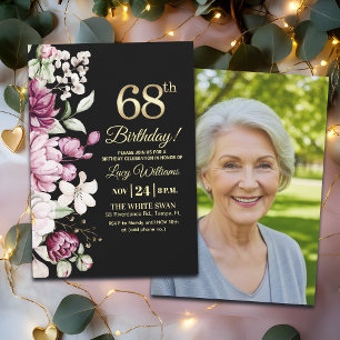 Invitación Elegante Floral Oro 68 Foto Cumpleaños