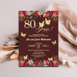 Invitación Elegante Floral Oro 80 Aniversario de Boda  