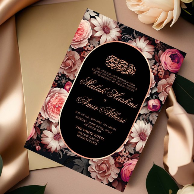 Invitación Elegante floral oro negro Boda musulmán islámico (Subido por el creador)