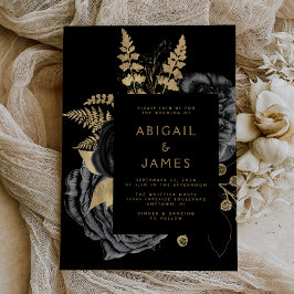 Invitación Elegante Floral Oscuro Moody Boda Negra Dorada