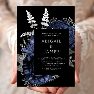 Invitación Elegante Floral Oscuro Naval Azul Plateado Boda