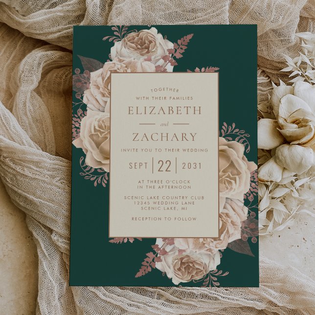 Invitación Elegante floral oscuro Rosa Verde azulado oro Boda (Subido por el creador)