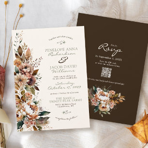 Invitación Elegante Floral Otoñal Caída Marrón Oscuro Boho Bo