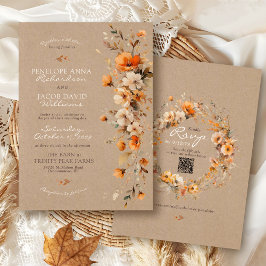 Invitación Elegante Floral Otoñal Rústico Kraft Boda QR Otoño