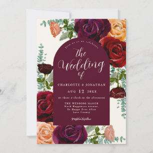 Invitación Elegante Floral Otoño Borgoña Naranja Quemada Boda