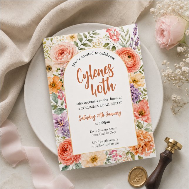 Invitación elegante floral para cumpleaños 40 (Subido por el creador)