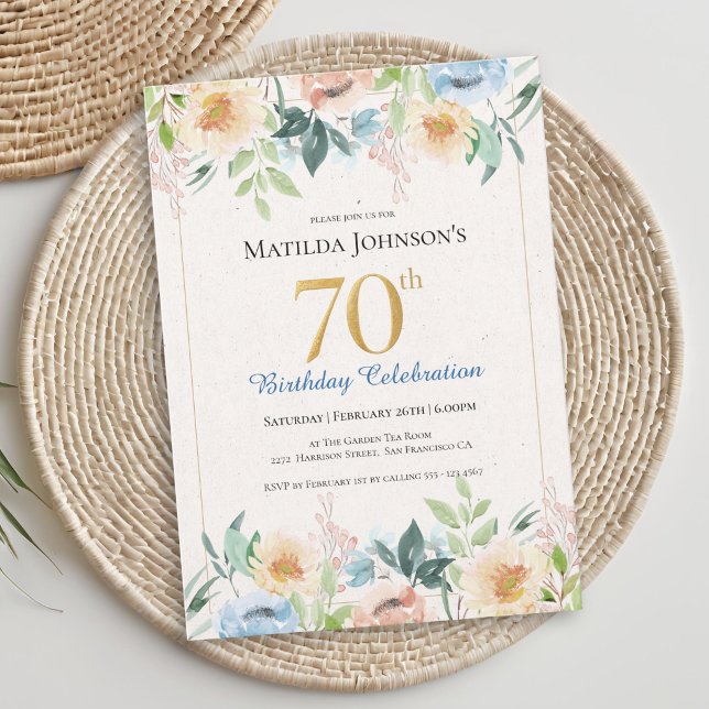 Invitación elegante floral para cumpleaños 70 (Elegant Floral 70th Birthday Party Invitation)