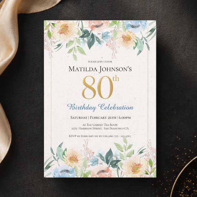 Invitación elegante floral para cumpleaños 80 (Elegant Floral 80th Birthday Party Invitation)