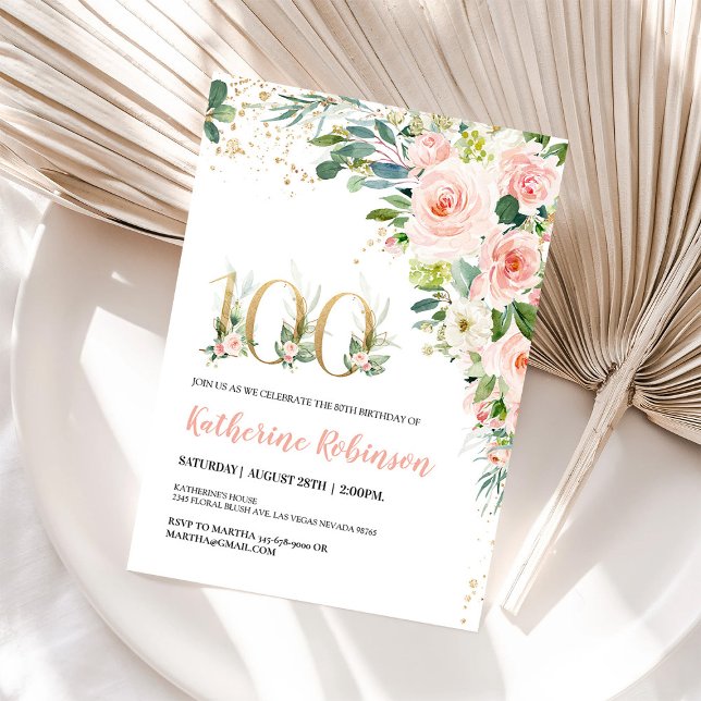 Invitación elegante floral para sus 100 cumpleaños (Subido por el creador)