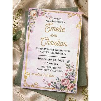 Invitación Elegante Floral Pastel Rosa Lavanda Floral Oro 