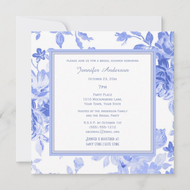 Invitación Elegante Floral Periwinkle Blue Bridal Shower (Anverso)