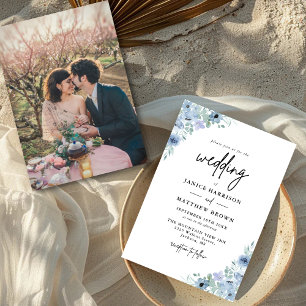 Invitación Elegante Floral Polvoriento Azul Foto Boda