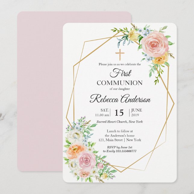 Invitación Elegante floral Primer acto religioso de la Comuni (Anverso / Reverso)