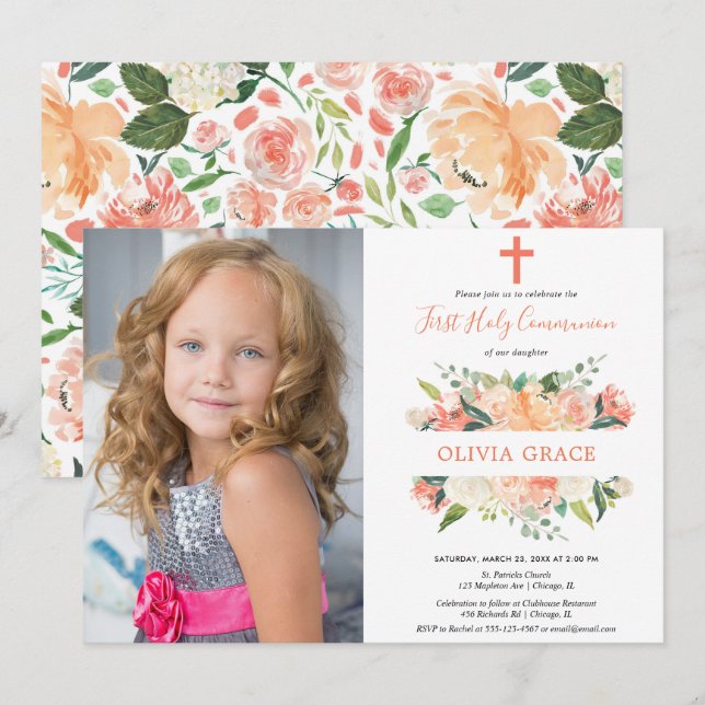 Invitación Elegante floral primer chica de la comunión sagrad (Anverso / Reverso)