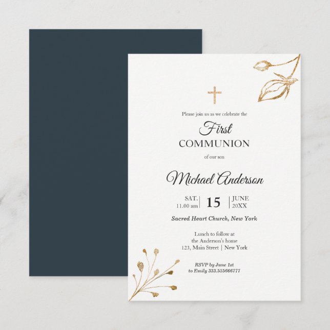 Invitación Elegante floral Primera Comunión Acto religioso (Anverso / Reverso)