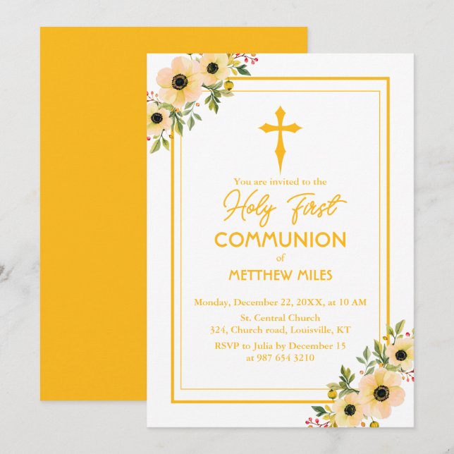 Invitación Elegante floral primera comunión católica (Anverso / Reverso)