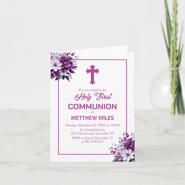 Invitación Elegante floral primera comunión católica (Anverso)