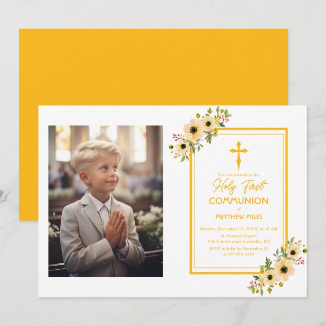 Invitación Elegante floral primera comunión católica (Anverso / Reverso)