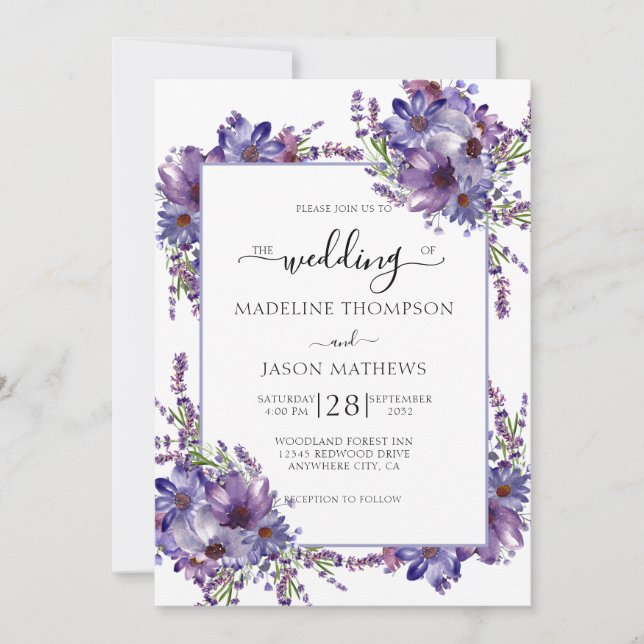 Invitación Elegante Floral Purple Peonies Monograma Boda Inv (Anverso)