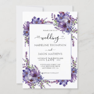Invitación Elegante Floral Purple Peonies Monograma Boda Inv