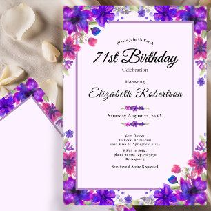 Invitación Elegante Floral Púrpura 71 Cumpleaños