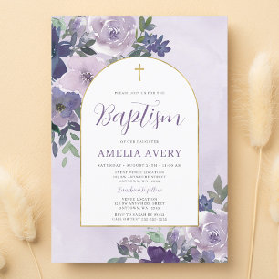 Invitación Elegante Floral Púrpura Arco Dorado Bautizo de Niñ