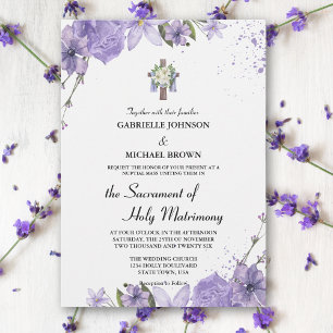 Invitación Elegante Floral Púrpura Cruz Blanca Misa Nupcial
