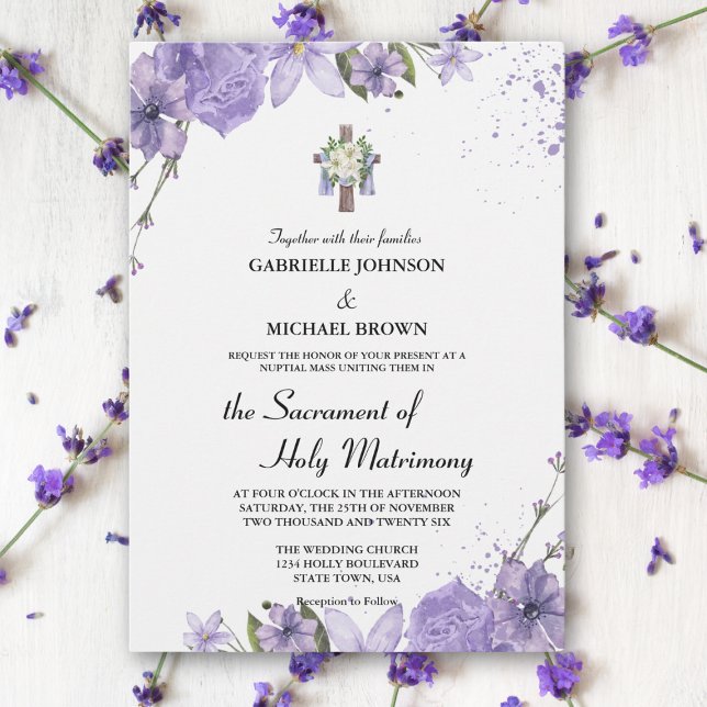 Invitación Elegante Floral Púrpura Cruz Blanca Misa Nupcial (Subido por el creador)