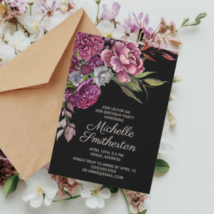 Invitación Elegante Floral Púrpura Cumpleaños 60 de Mujer Neg
