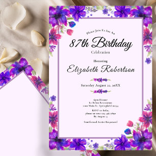 Invitación Elegante Floral Púrpura Cumpleaños 87