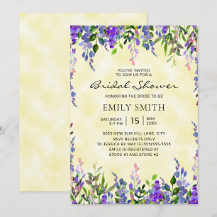 Invitación Elegante floral púrpura lluvia de boda amarilla
