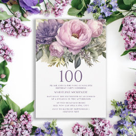 Invitación Elegante Floral Púrpura Rosa 100 cumpleaños
