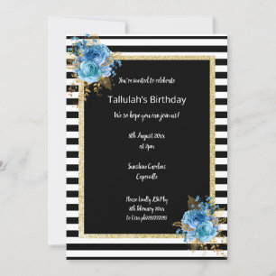 INVITACIÓN ELEGANTE FLORAL PURPURINA DE HUELLAS BLANCAS Y NEG