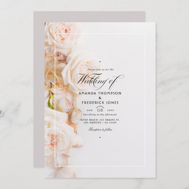 Invitación Elegante Floral QR Código RSVP Boda de playa (Anverso / Reverso)