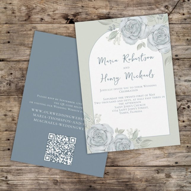 Invitación Elegante floral QR Código verde azul (Subido por el creador)