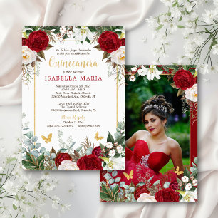 Invitación Elegante floral roja moderna con foto quinceañera