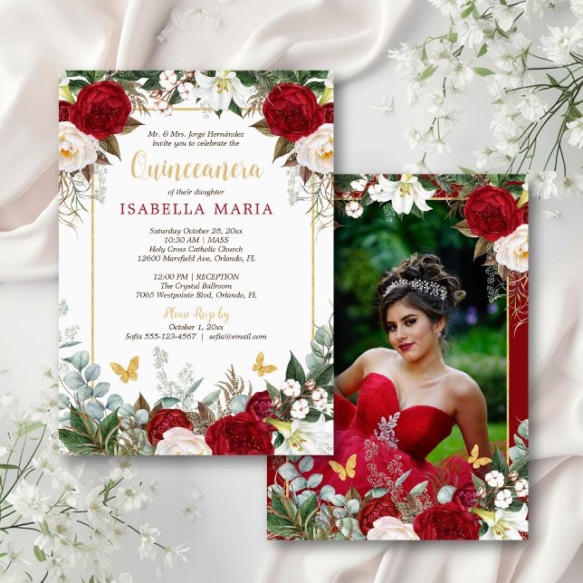Invitación Elegante floral roja moderna con foto quinceañera (This quince invite features red and white watercolor roses and a photo on the back.)
