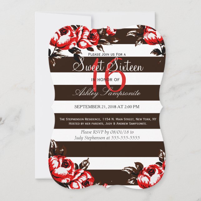Invitación Elegante floral roja moderna y franjas blancas y n (Anverso)