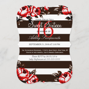 Invitación Elegante floral roja moderna y franjas blancas y n