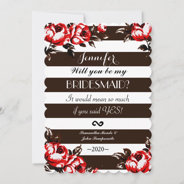 Invitación Elegante floral roja moderna y franjas blancas y n (Anverso)