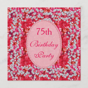 Invitación Elegante Floral Roja/Rosa y Diamantes 75º cumpleañ