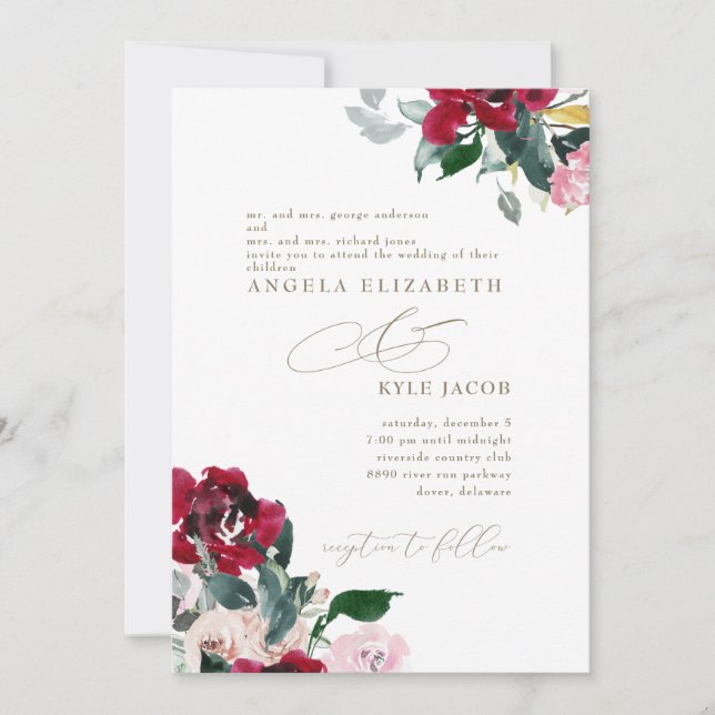 Invitación Elegante Floral Roja y Rosa Ambos Padres Boda (Anverso)