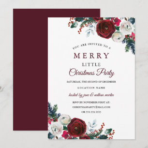 Invitación Elegante Floral Rojo Borgoña Fiesta de Navidad