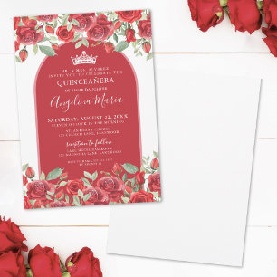 Invitación Elegante Floral Rojo Quinceañera