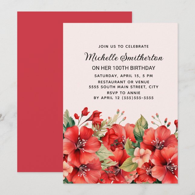Invitación Elegante floral rojo sobre rosa Cumpleaños 100 (Anverso / Reverso)
