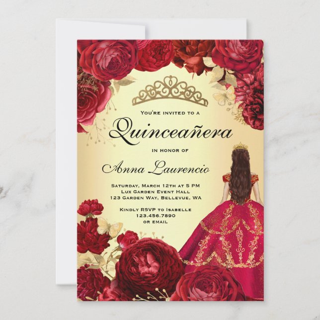 Invitación Elegante floral rojo y quinceanera dorada (Anverso)
