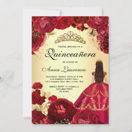 Invitación Elegante floral rojo y quinceanera dorada