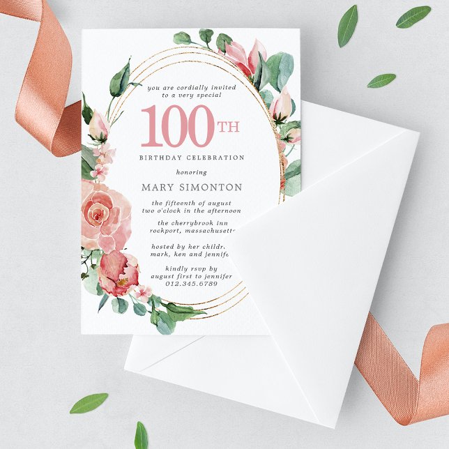 Invitación Elegante floral rosa 100 cumpleaños (Subido por el creador)
