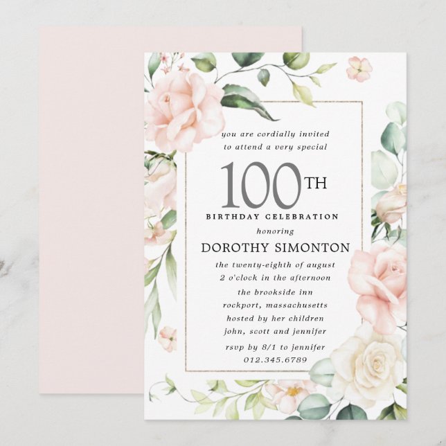Invitación Elegante floral rosa 100 cumpleaños (Anverso / Reverso)